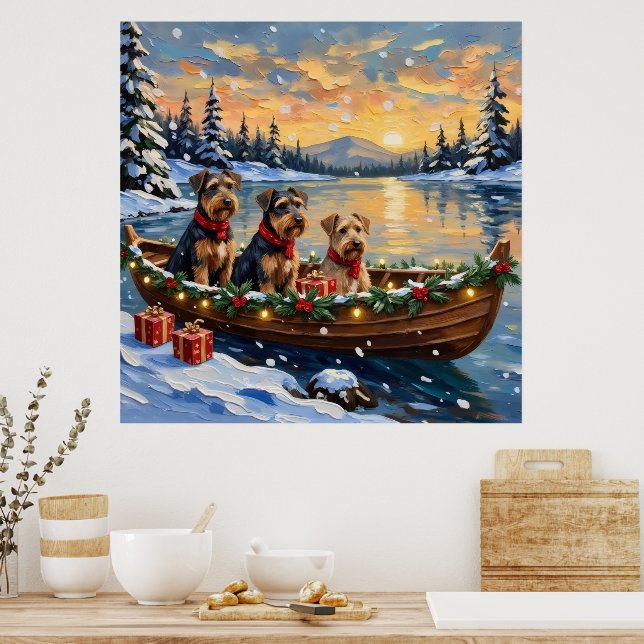 Póster Navidad con Barco de Terrier Airedale (Cocina)