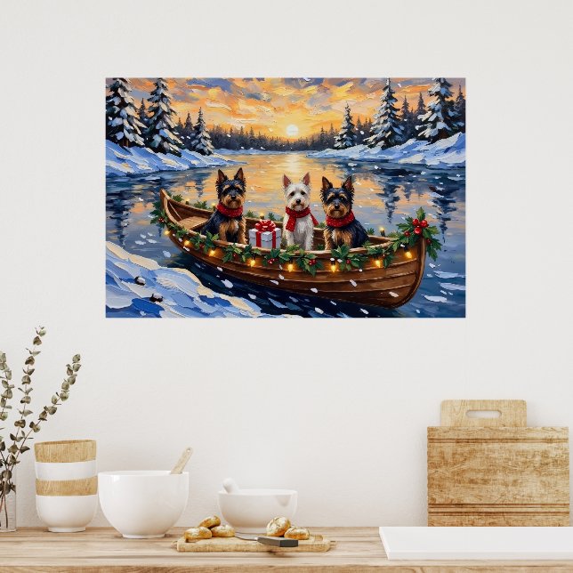 Póster Navidad con Biewer Terrier en Barco (Cocina)