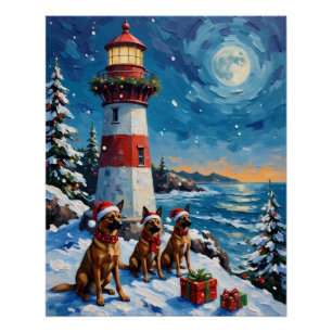 Póster Navidad con faro de Malinois Belga