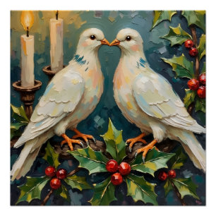 Póster Navidad con Palomas Blancas Vintage y Guirnalda de