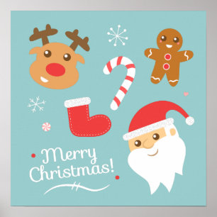 Póster Navidad con Papá Noel, Reno, Hombre de Pan de Jeng