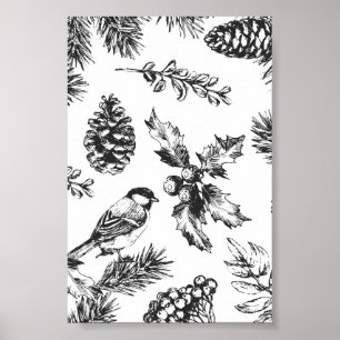 Póster Navidad con patrón vintage de pájaro y piña