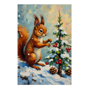 Póster Navidad de árbol de pino ardilla roja vintage