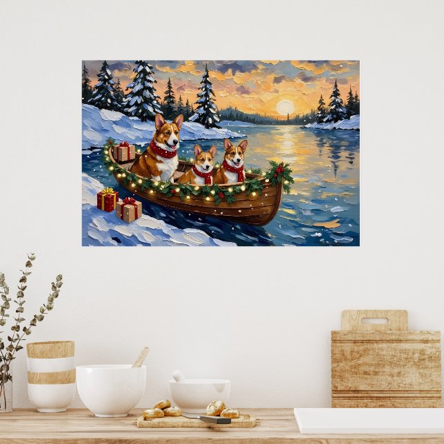 Póster Navidad de Corgi en Barco Fiesta (Cocina)