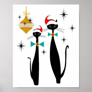 Póster Navidad de gato genial moderno de mediados de sigl