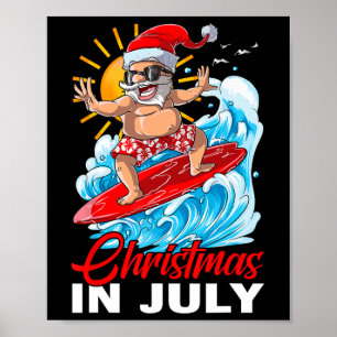 Póster Navidad Divertida En Julio Santa Surfista Playa De