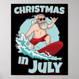 Póster Navidad Divertida En Julio Verano Santa Surfeando