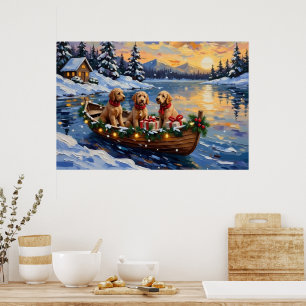 Póster Navidad en Barco con Goldendoodle