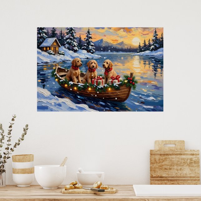 Póster Navidad en Barco con Goldendoodle (Cocina)