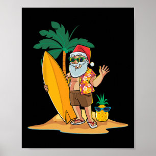 Póster Navidad En Julio Santa Divertido Verano Surf Hawai