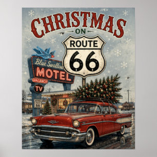 Póster Navidad en la Ruta 66 Coche Antiguo Blue Swallow