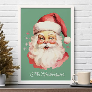 Póster Navidad Familiar de Santa Claus Vintage Retro Verd