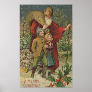 Póster Navidad GreetingSanta que camina con los niños