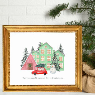 Póster Navidad invernal cabaña acuarela vintage