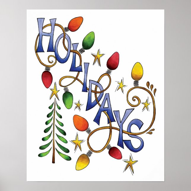 Póster Navidad linda, Luces y Estrellas con texto de vaca (Frente)
