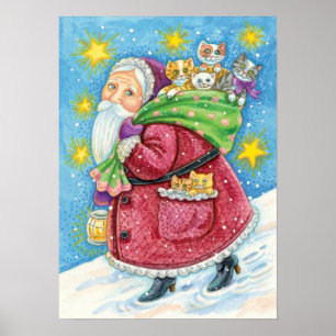 Póster Navidad linda, Santa Claus con gatitos y gatos!
