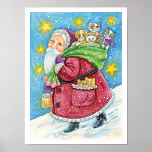 Póster Navidad linda, Santa Claus con gatitos y gatos!