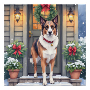 Póster Navidad Pórtico Rústico Beauceron Acuarela