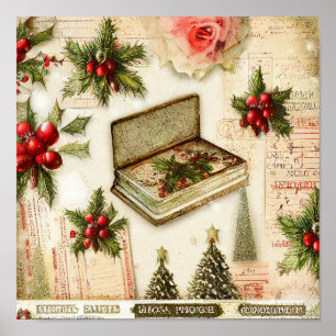 Póster Navidad Retro Vintage Rojo Verde Acebo Festa