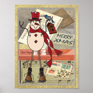 Póster Navidad rojo del muñeco de nieve el   de la vieja