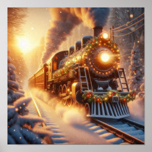 Póster Navidad Tren Vacacional Invernal Nevado Antiguo