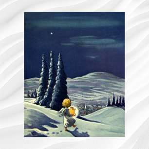 Póster Navidad vintage, ángel de nieve caminando con una