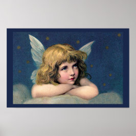 Póster Navidad Vintage, Ángel Hermoso con Estrellas Dorad