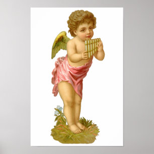 Póster Navidad Vintage, Ángel Músico con Flauta de Pan
