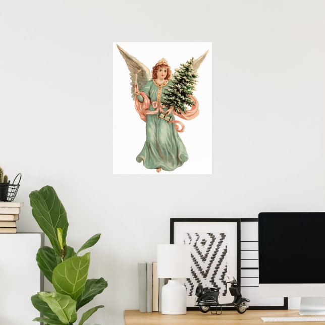 Póster Navidad vintage, Ángel victoriano con árbol (Oficina en casa)
