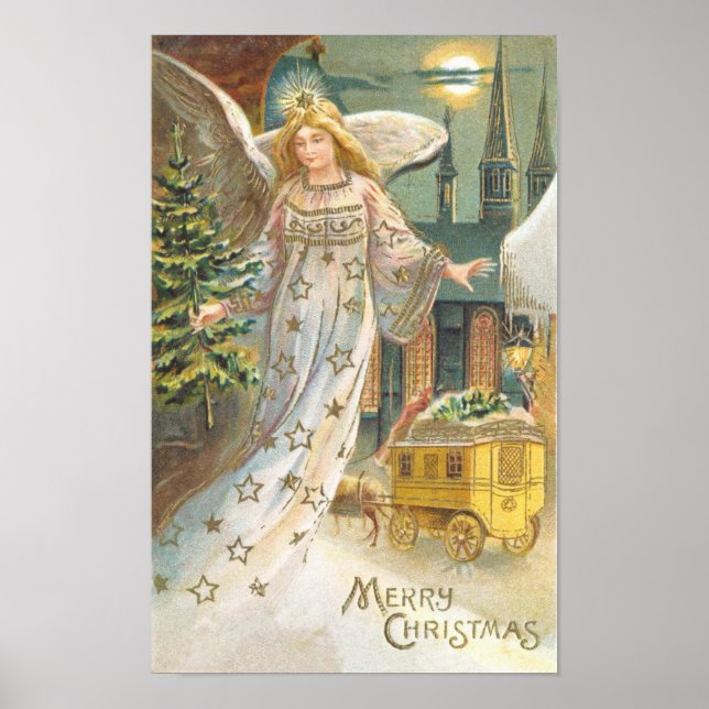 Póster Navidad vintage, Ángel victoriano con árbol (Frente)