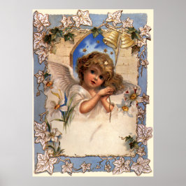 Póster Navidad vintage, Ángel victoriano con campanas de