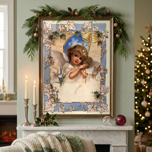 Póster Navidad Vintage, Ángel Victoriano con Campanas Dor