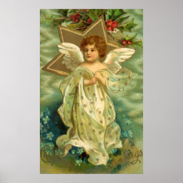 Póster Navidad vintage, Angel victoriano con estrellas de