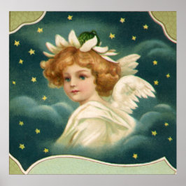 Póster Navidad vintage, Angel victoriano con estrellas de