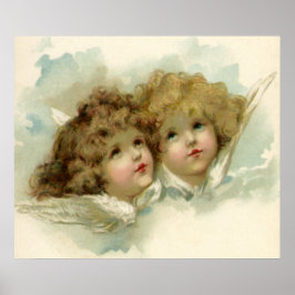 Póster Navidad vintage, ángeles victorianos en las nubes