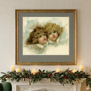 Póster Navidad Vintage, Ángeles Victorianos en las Nubes