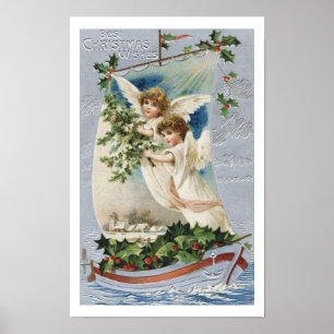 Póster Navidad vintage, ángeles victorianos en velero