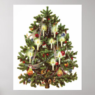 Póster Navidad vintage, árbol victoriano decorado