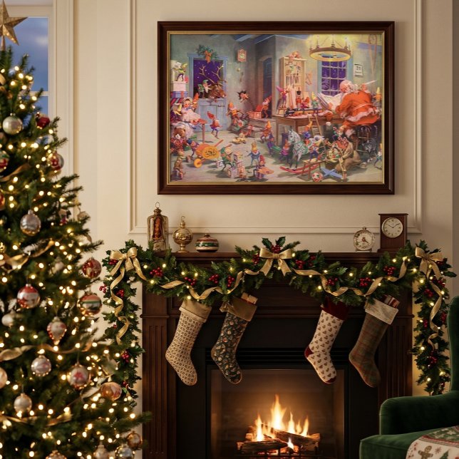 Póster Navidad Vintage, Claus con taller de duendes (Vintage illustration with elves building toys and dolls in Santa's workshop on Christmas Eve.)