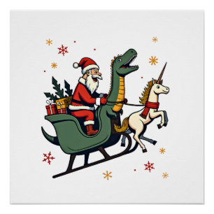 Póster Navidad Vintage Dinosaurio Unicornio Trineo Divert
