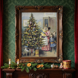 Póster Navidad Vintage, Familia Victoriana Alrededor Del 