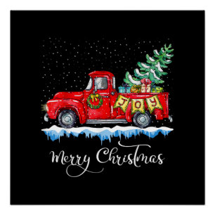 Póster Navidad Vintage Feliz Camión Rojo Antiguo Ch