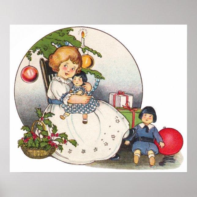 Póster Navidad vintage, feliz Chica jugando con muñecas (Frente)