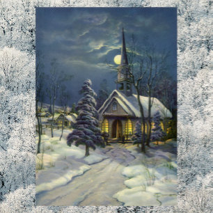 Póster Navidad vintage, Iglesia de Invierno en Nieve con