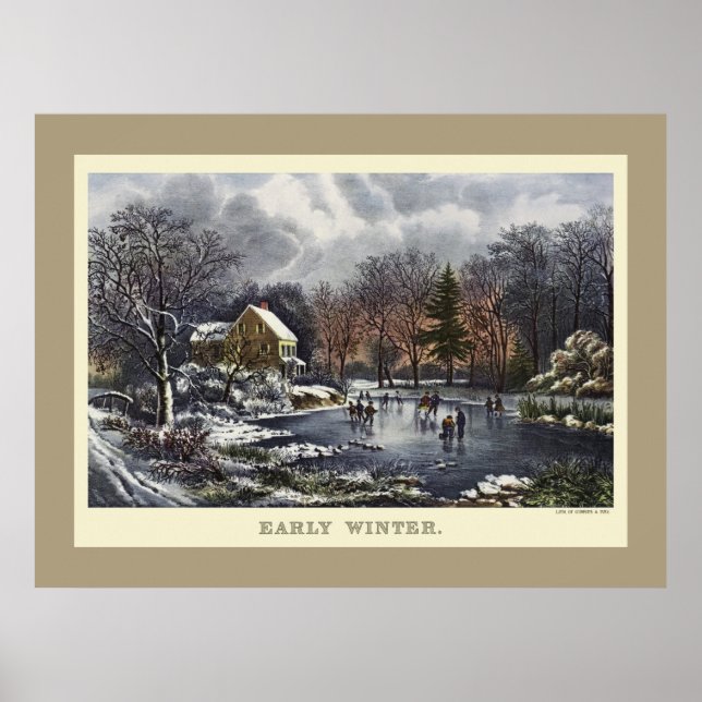 Póster Navidad vintage, invierno temprano con patinadores (Frente)