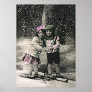 Póster Navidad Vintage, Mejores Amigos en Esquís