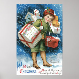 Póster Navidad Vintage, Niña con Regalos en Nieve Inverna