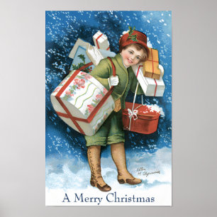Póster Navidad Vintage, niña con regalos en nieve inverna