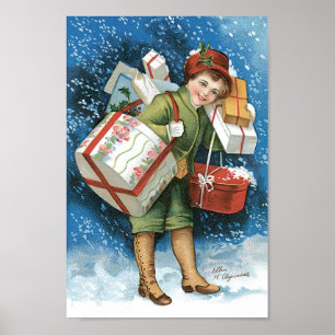 Póster Navidad Vintage, niña con regalos en nieve inverna