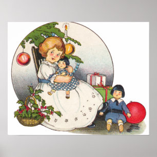 Póster Navidad Vintage, niña feliz jugando con muñecas